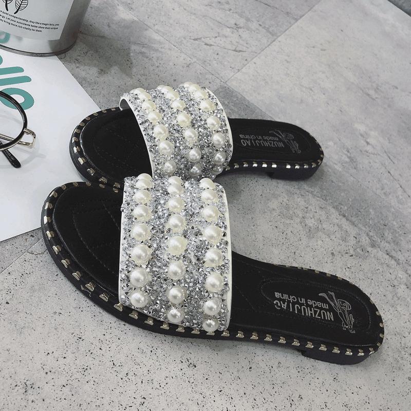 Pearl Encrusted Stud Trim Slippers-Theone Apparel