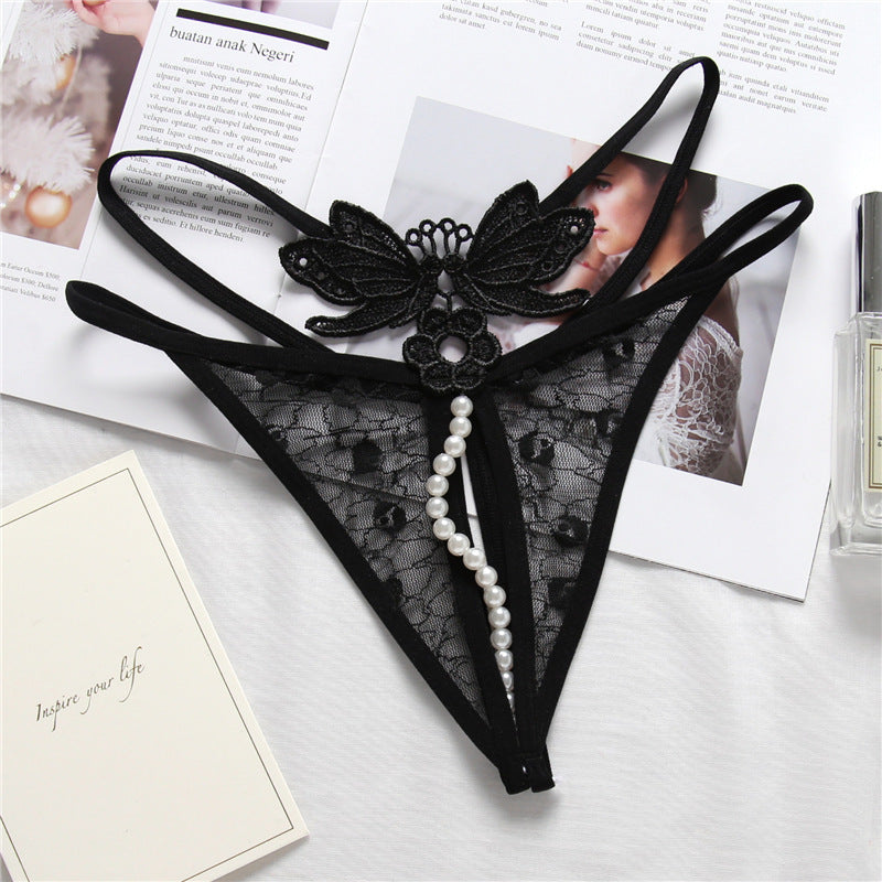 Pearl String and Butterfly Embroidery Thongs-Black-Theone Apparel