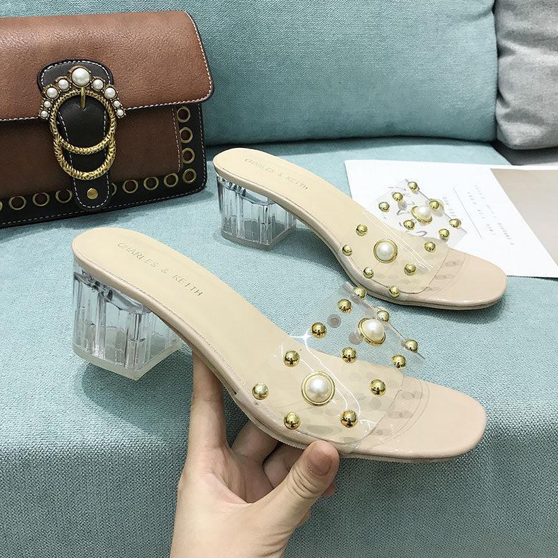 Pearl Stud Clear Heel Slippers-Theone Apparel