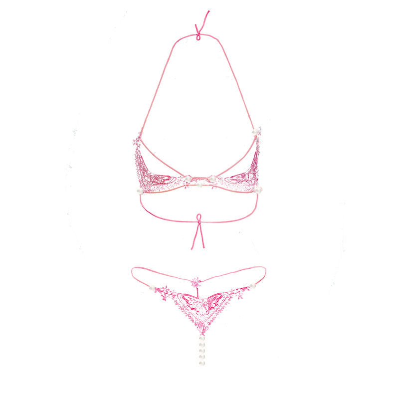 Pearly Cage Strap Bra and Panty Set-Pink-Theone Apparel