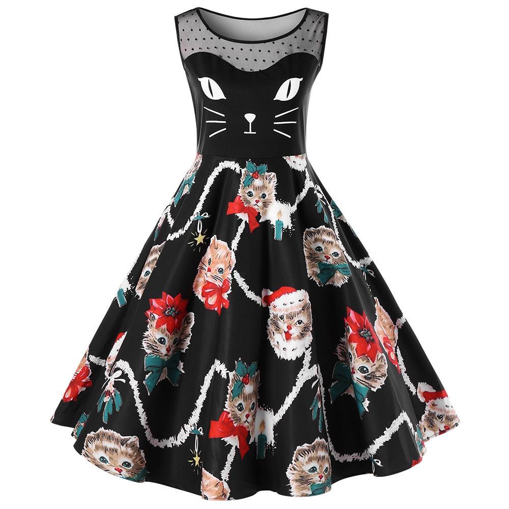 Plus Size Christmas Kitten Dress-Black-Theone Apparel