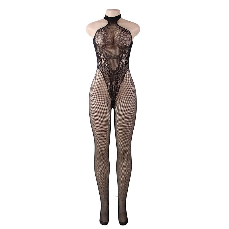 Plus Size Collared Lace & Fishnet Bodysuit-Black-Theone Apparel