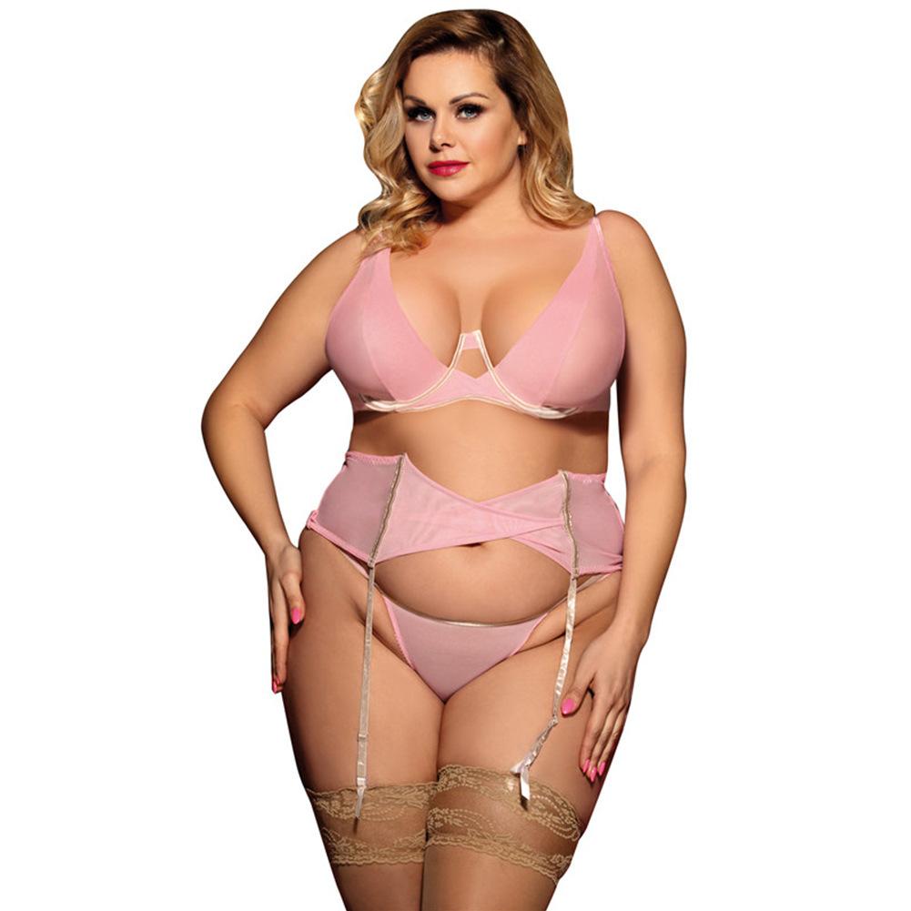 Plus Size Corset Style Garter Panty Set-Pink-Theone Apparel