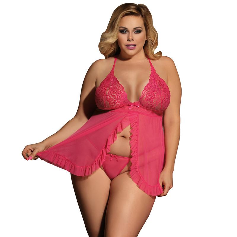 Plus Size Open Front Sheer Lace Set-Rose Red-Theone Apparel