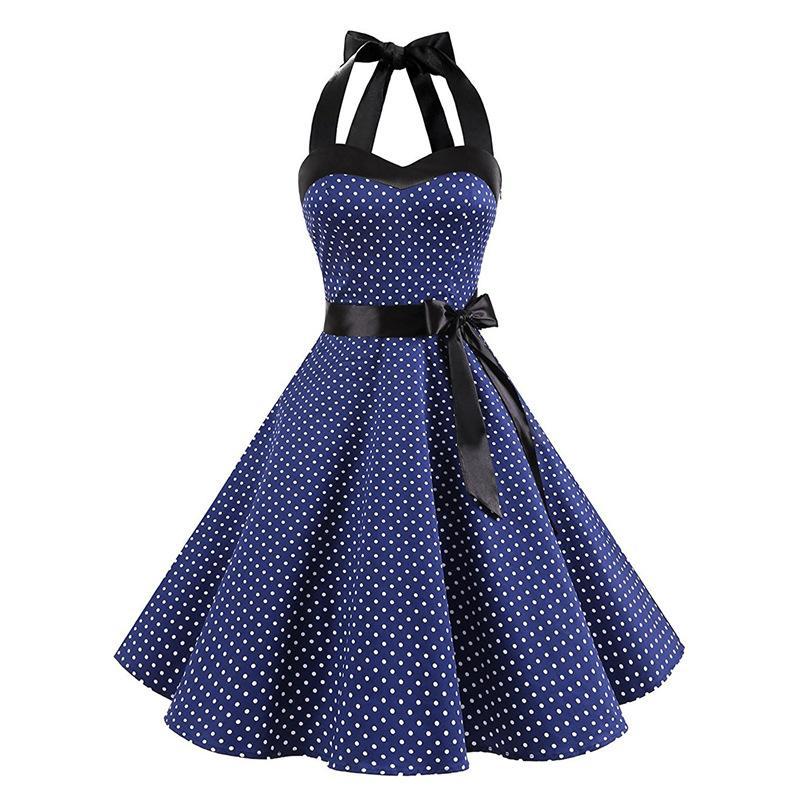 Polka Dotted Waist Tie Dress-Dark Blue-Theone Apparel