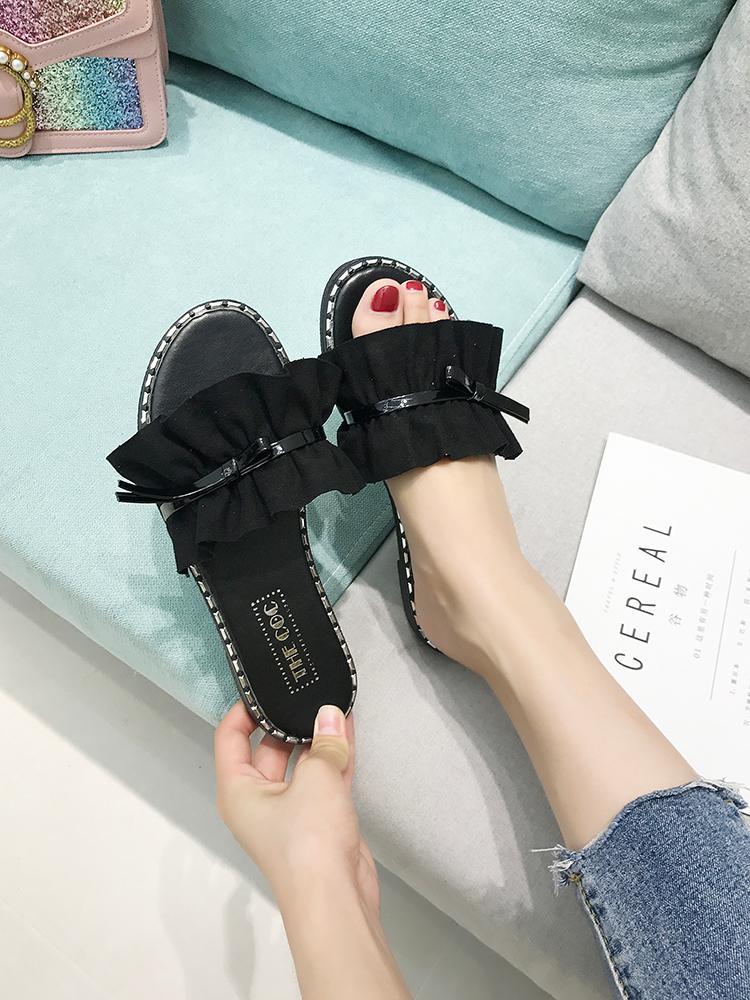 Ruffle Strap Stud Trim Slippers-Theone Apparel