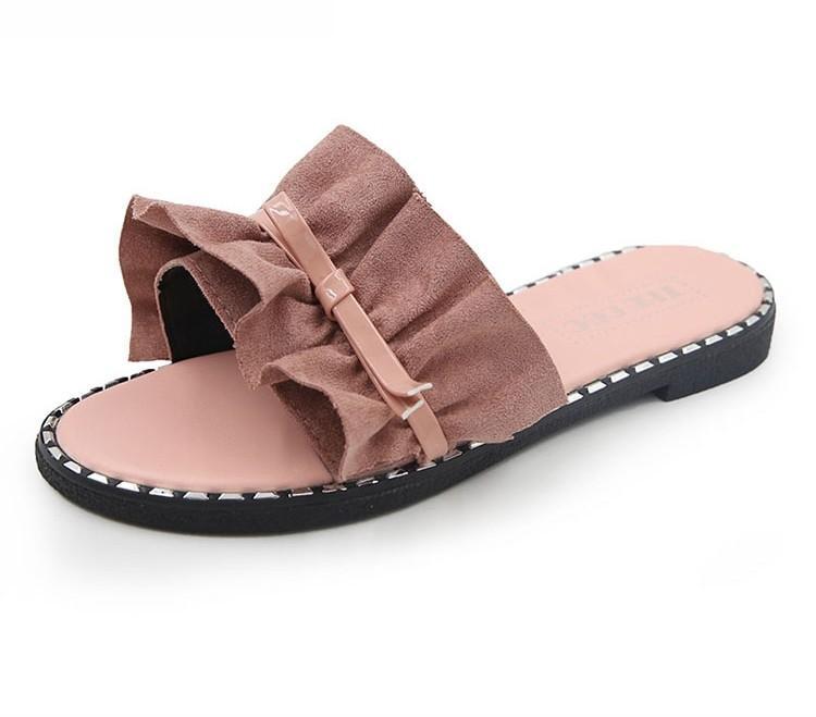 Ruffle Strap Stud Trim Slippers-Theone Apparel