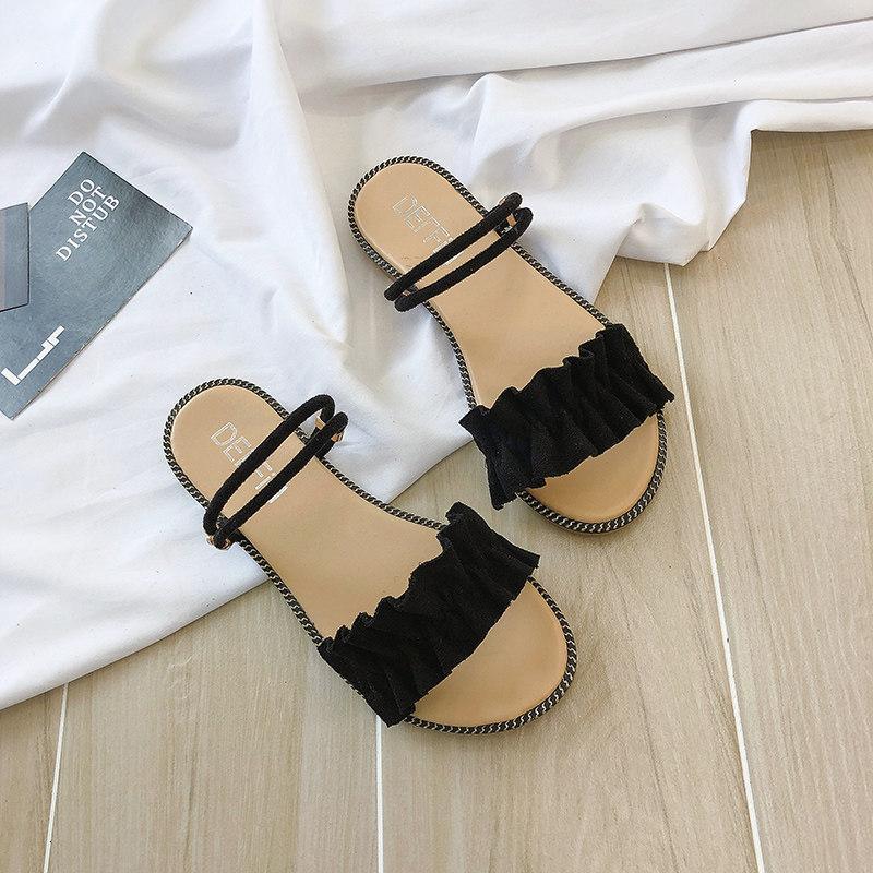 Ruffled Chain Trim Slip On Sandals-Theone Apparel