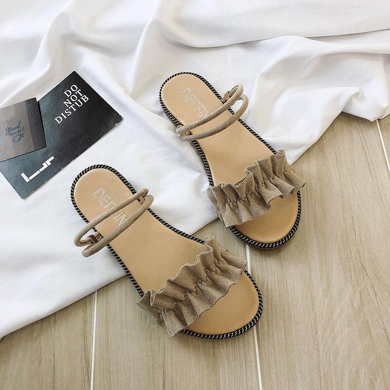 Ruffled Chain Trim Slip On Sandals-Theone Apparel