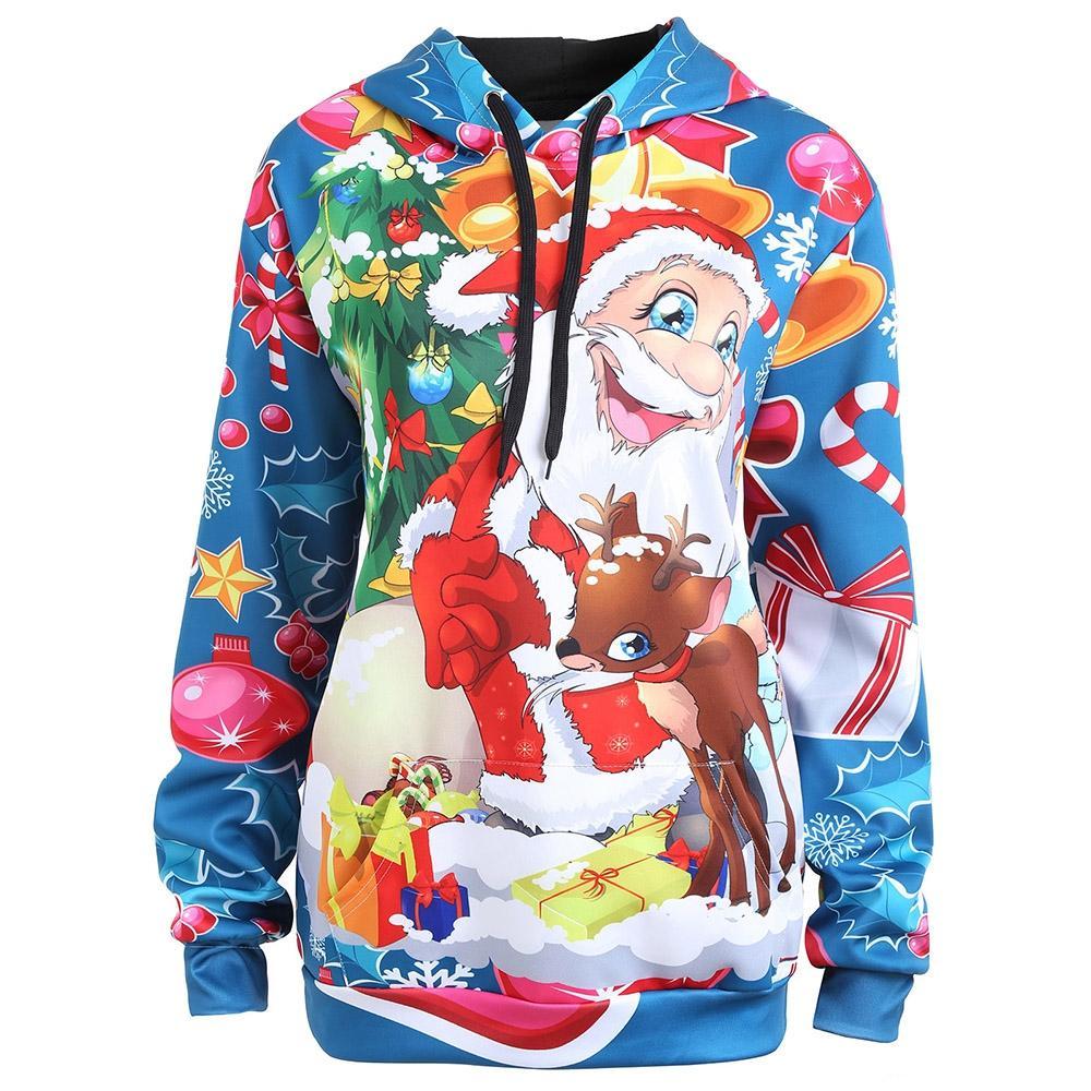 Santa and Reindeer Plus Size Hoodie-Light Blue-Theone Apparel