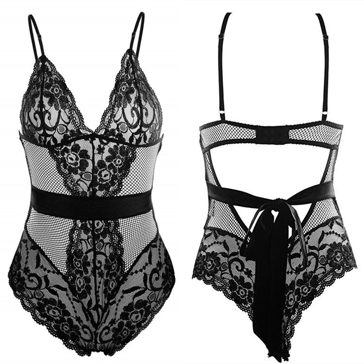 Satin Bow Back Lace Thong Teddy-Black-Theone Apparel