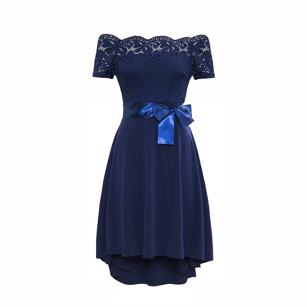 Satin Bowtie Off Shoulder Lace Dress-Theone Apparel