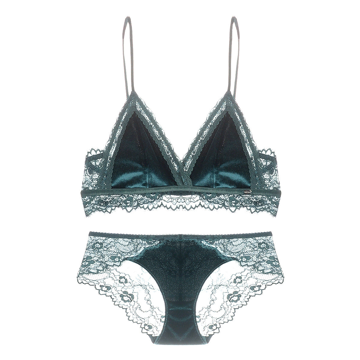 Satiny Lace Triangle Bra and Panty Set-Dark Green-Theone Apparel