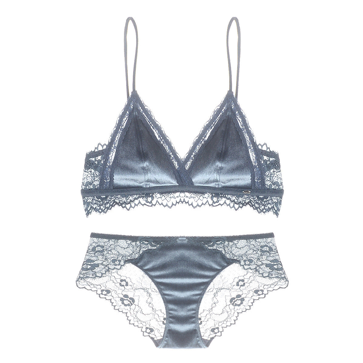 Satiny Lace Triangle Bra and Panty Set-Silver-Theone Apparel