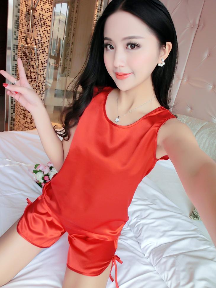 Satiny Tank & Short PJ Set-Red-Theone Apparel