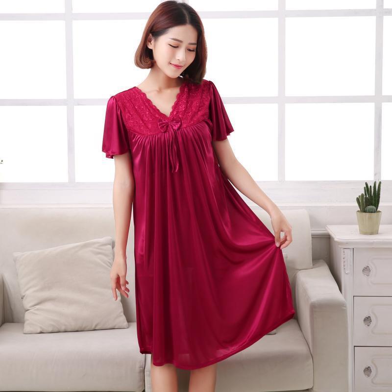 Short Sleeve Pleated Nightgown Dress-Red-Theone Apparel