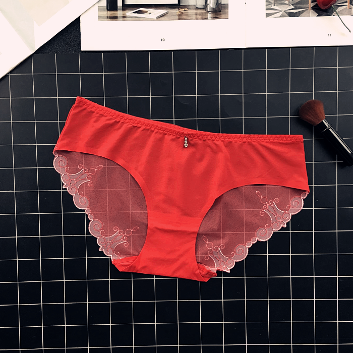 Simple Opaque Lace Fringe with jewel Panties-Red-Theone Apparel
