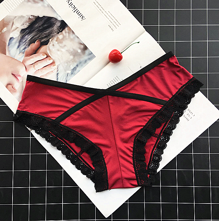 Single Solid Color Lace Lined High Waist Briefs-Dark Red-Theone Apparel