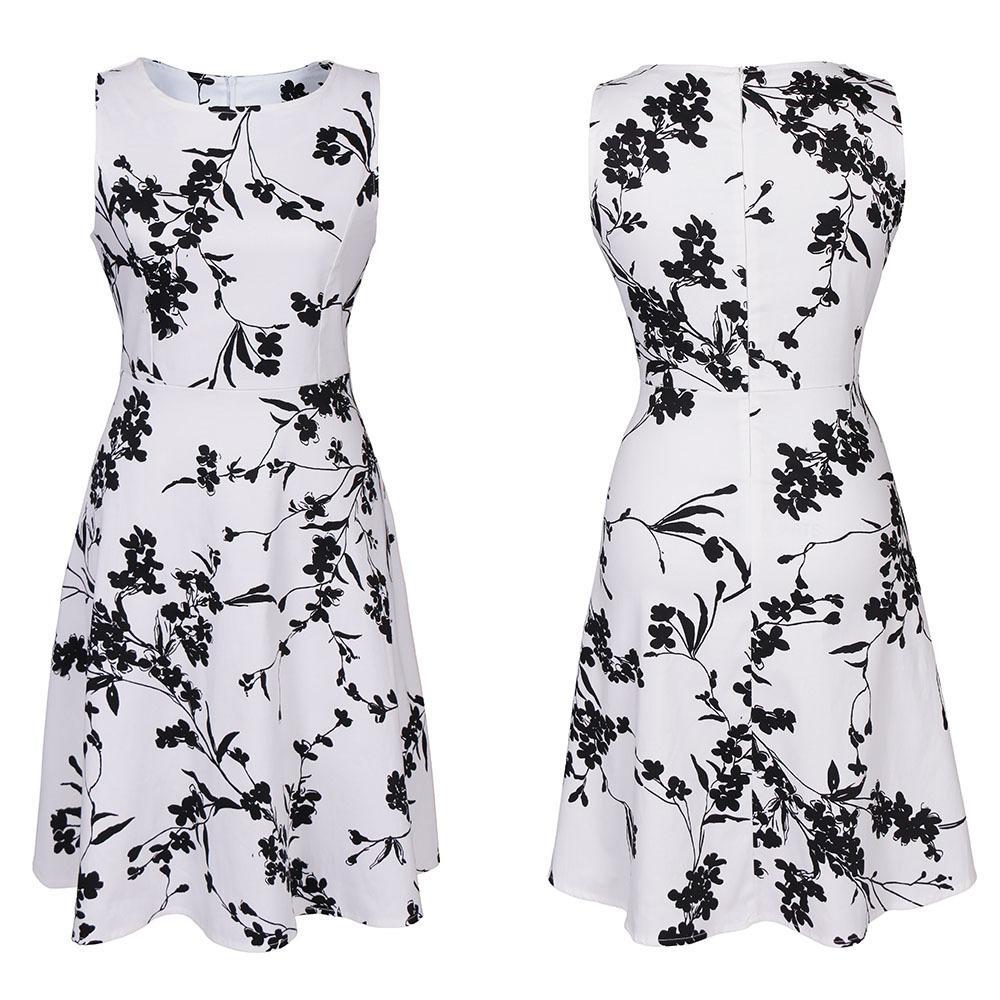 Sleeveless Grayscale Floral Print Dress-Theone Apparel