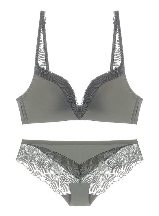 Smooth Cup Lace Trim Bra and Panty Set-Military Green-Theone Apparel