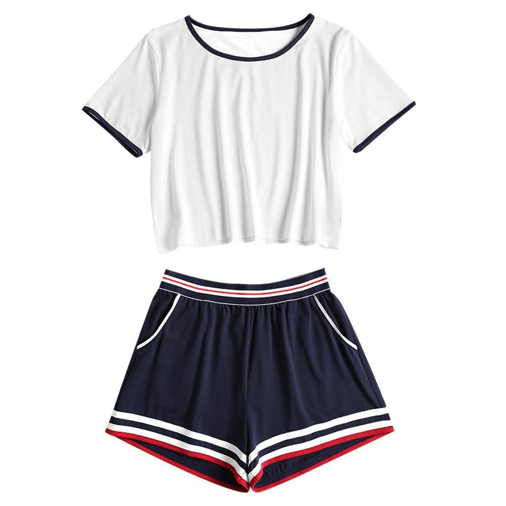 Sporty Americana Nautical Shorts Set-White/Blue-Theone Apparel