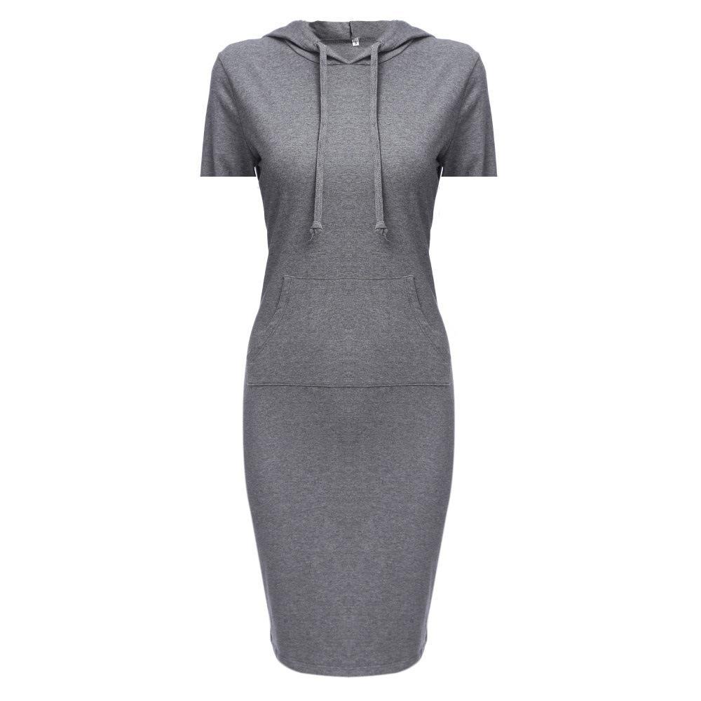 Sporty Drawstring Hood Sweater Dress-Gray Short Sleeve-Theone Apparel