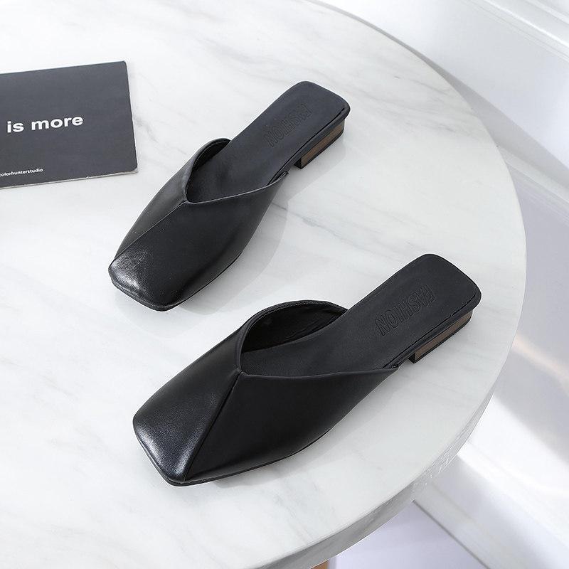 Square Toe Leatherette Slipper Shoes-Black-Theone Apparel