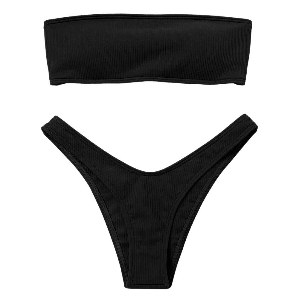 Strapless Solid Color Low Waist Bikini-Black-Theone Apparel