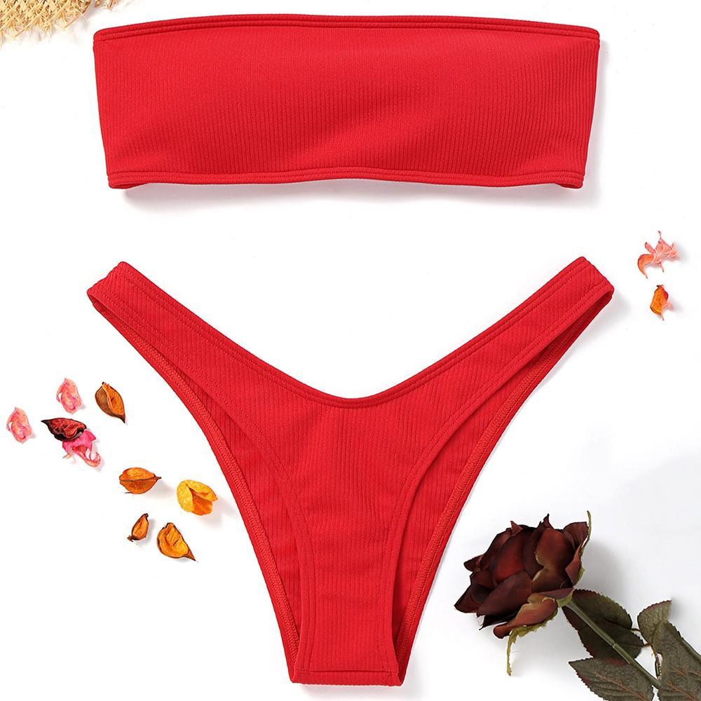 Strapless Solid Color Low Waist Bikini
