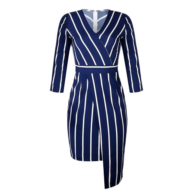 Striped Asymmetrical Wrap Dress-Dark Blue-Theone Apparel
