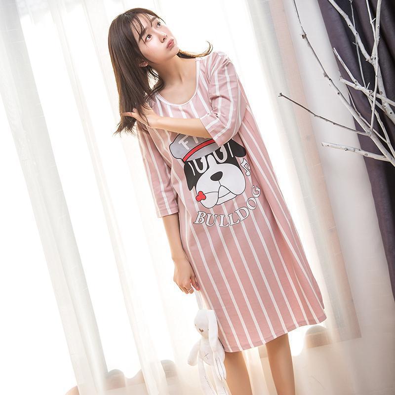 Striped Doggy Print Sleep Shirt-Theone Apparel