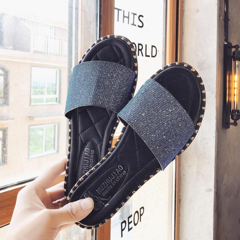 Stud Trim Glitter Slide Slippers-Theone Apparel