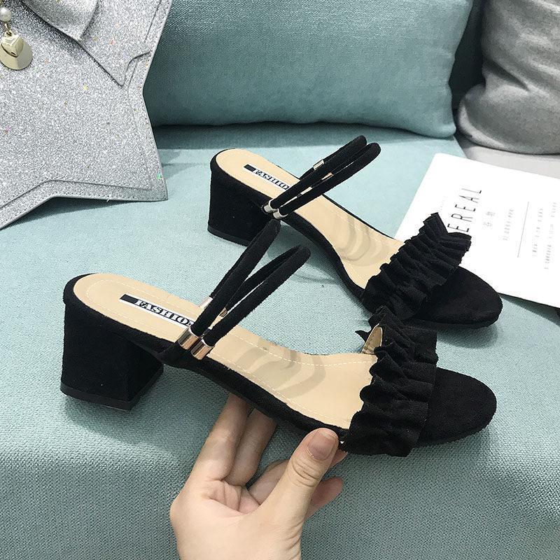 Suede Ruffle Strap Sandal Pumps-Black-Theone Apparel