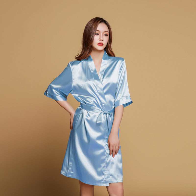 Sweet and Simple Satin Tie Robe-Light Blue-Theone Apparel