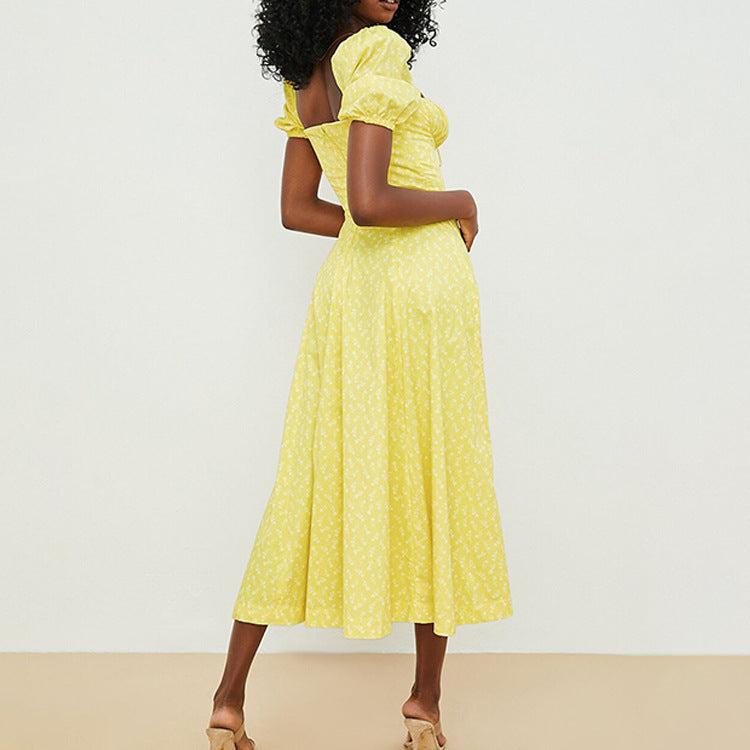 Vintage Inspired Square Neck Shot Sleeved Maxi Dress-Theone Apparel