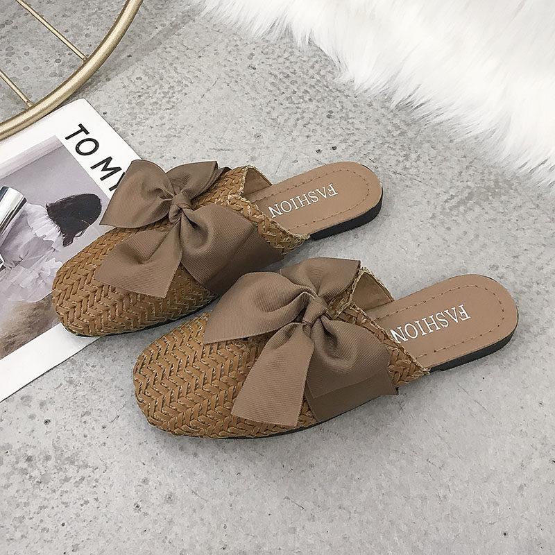 Woven Bow Top Slip On Sandals-Theone Apparel