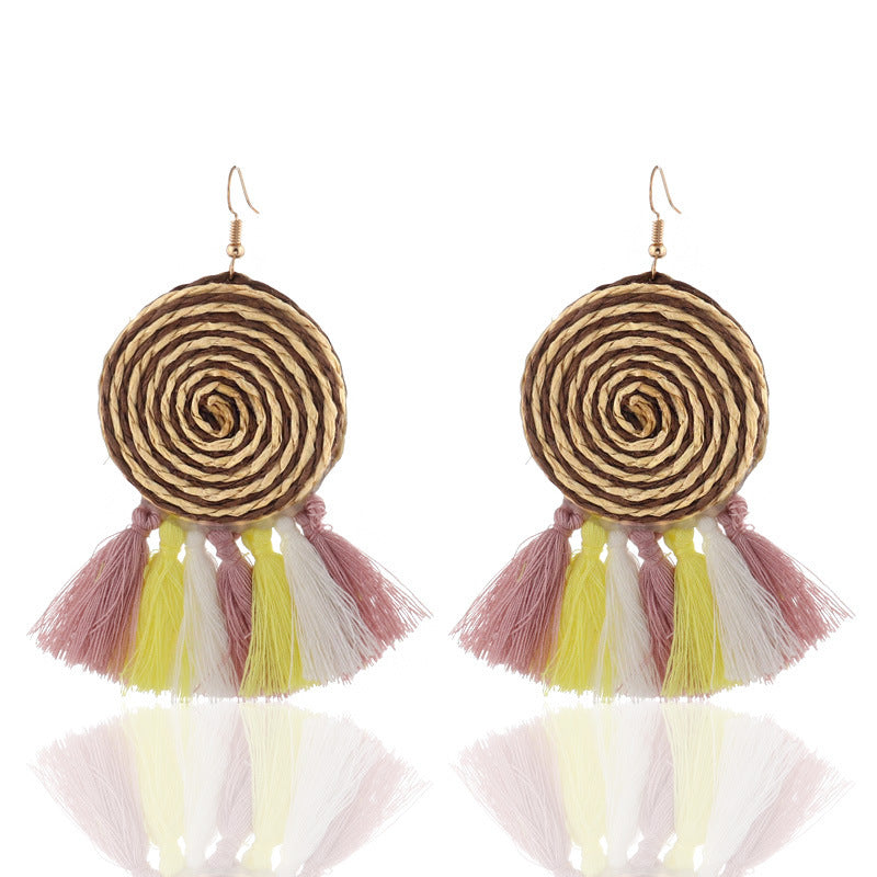 Woven Ring and Tassel Earrings-White/Yellow-Theone Apparel