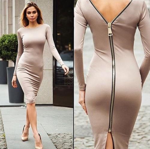 Zip Back Skintight Long Sleeve Dress-Beige-Theone Apparel